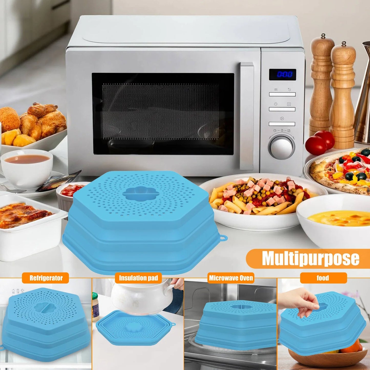 BPA-Free Multifunctional Collapsible Steam Vent Microwave Lid Cover For Food With Silicone Mat